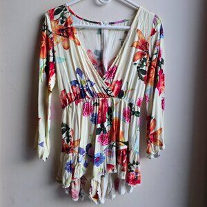 Choies Deep V-Neck Long Sleeve Floral Blouse Size Small